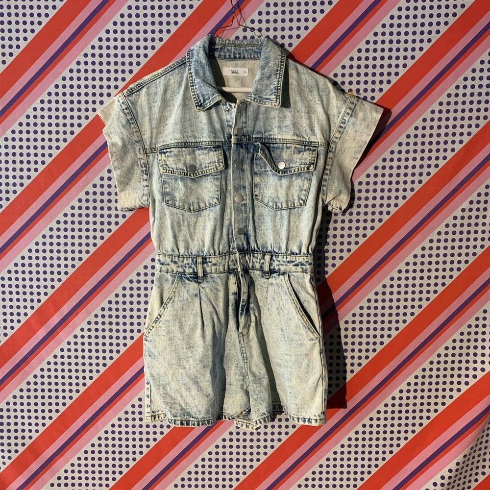 Talulah Blue Acid Wash Denim Belted Romper Jumper Small Vintage Retro Style